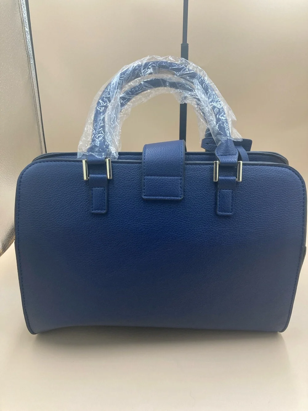 Structured Vegan Navy Satchel with Tassel Accent